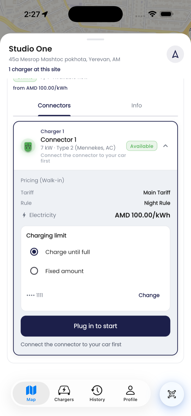 Charger detail screen with connector type and live tariff